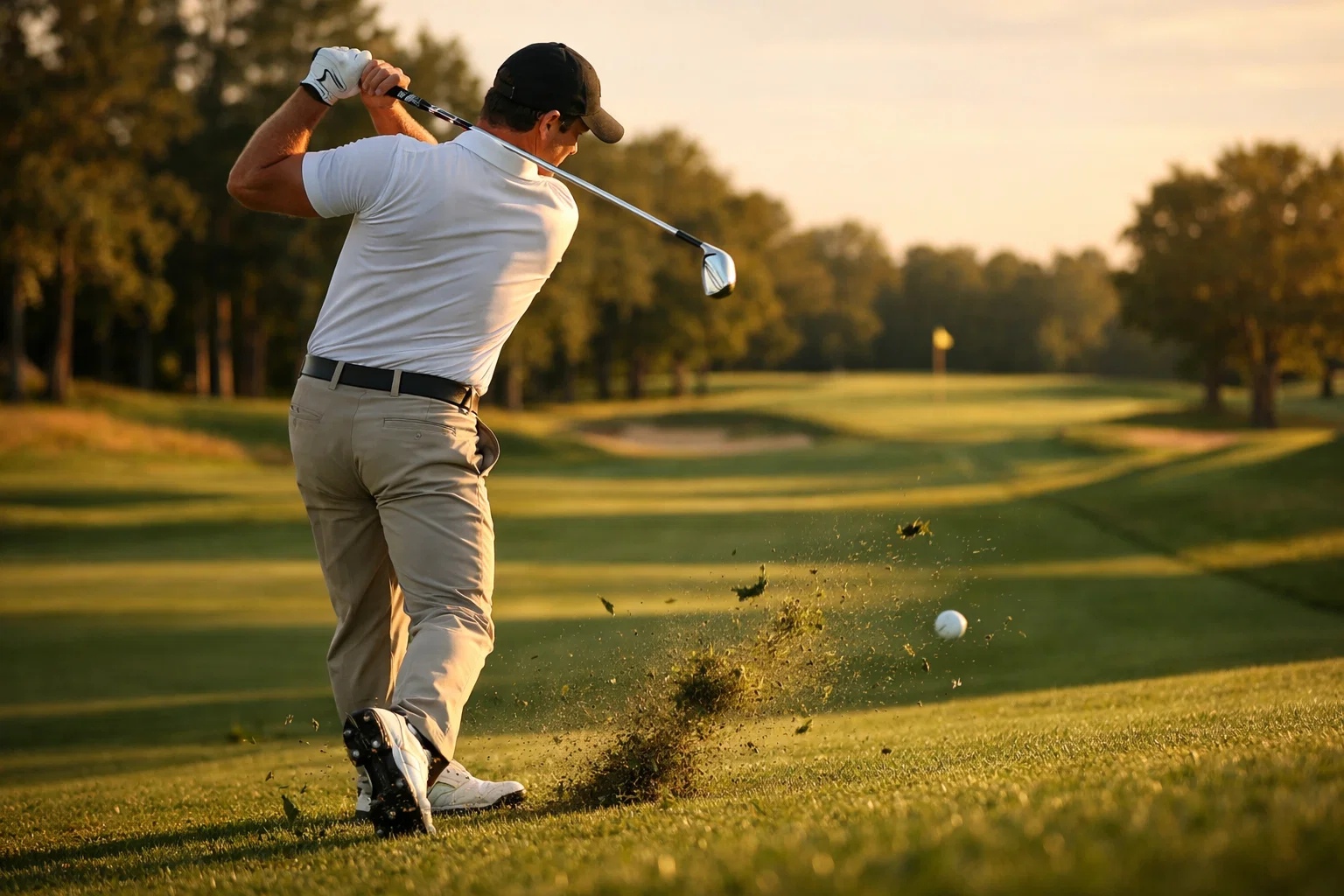 Golfeur professionnel effectuant un swing sur un parcours verdoyant