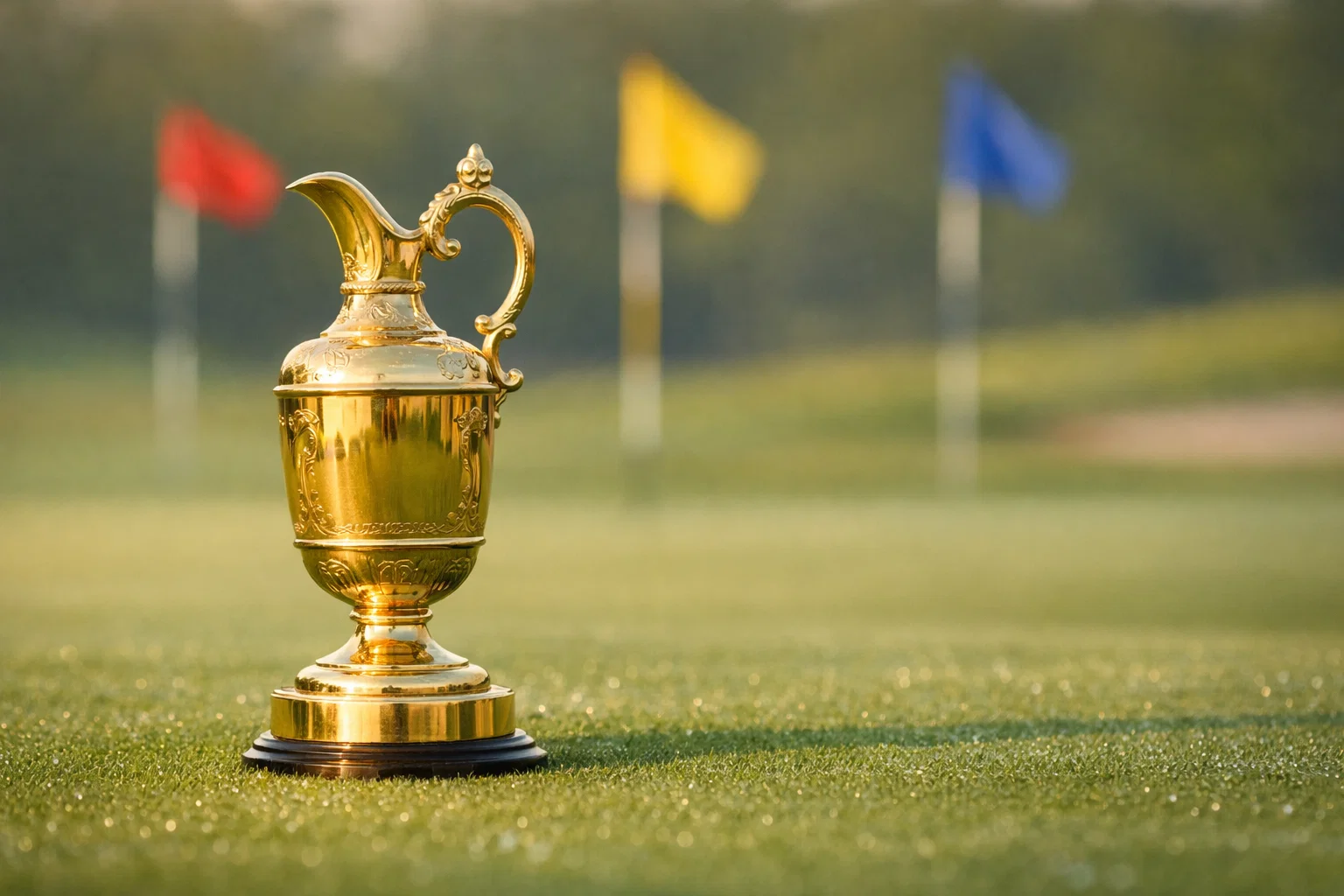 Trophée de golf doré sur green avec drapeaux en arrière-plan