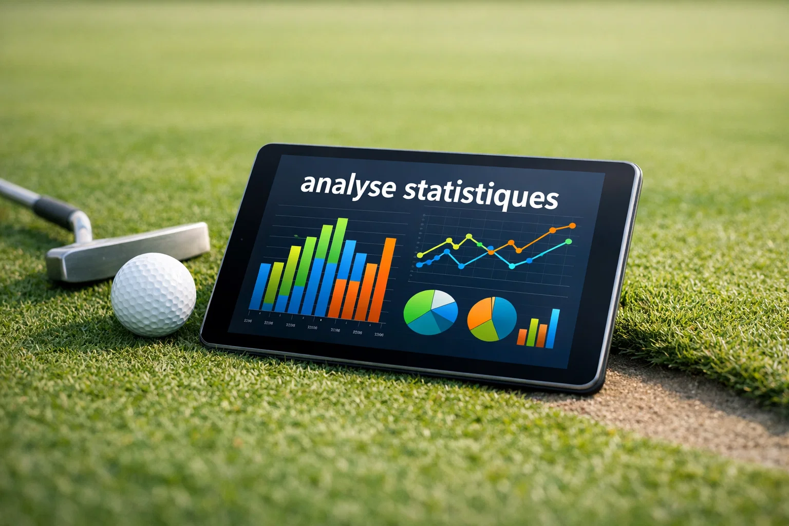 Tablette affichant des statistiques de golf sur un green