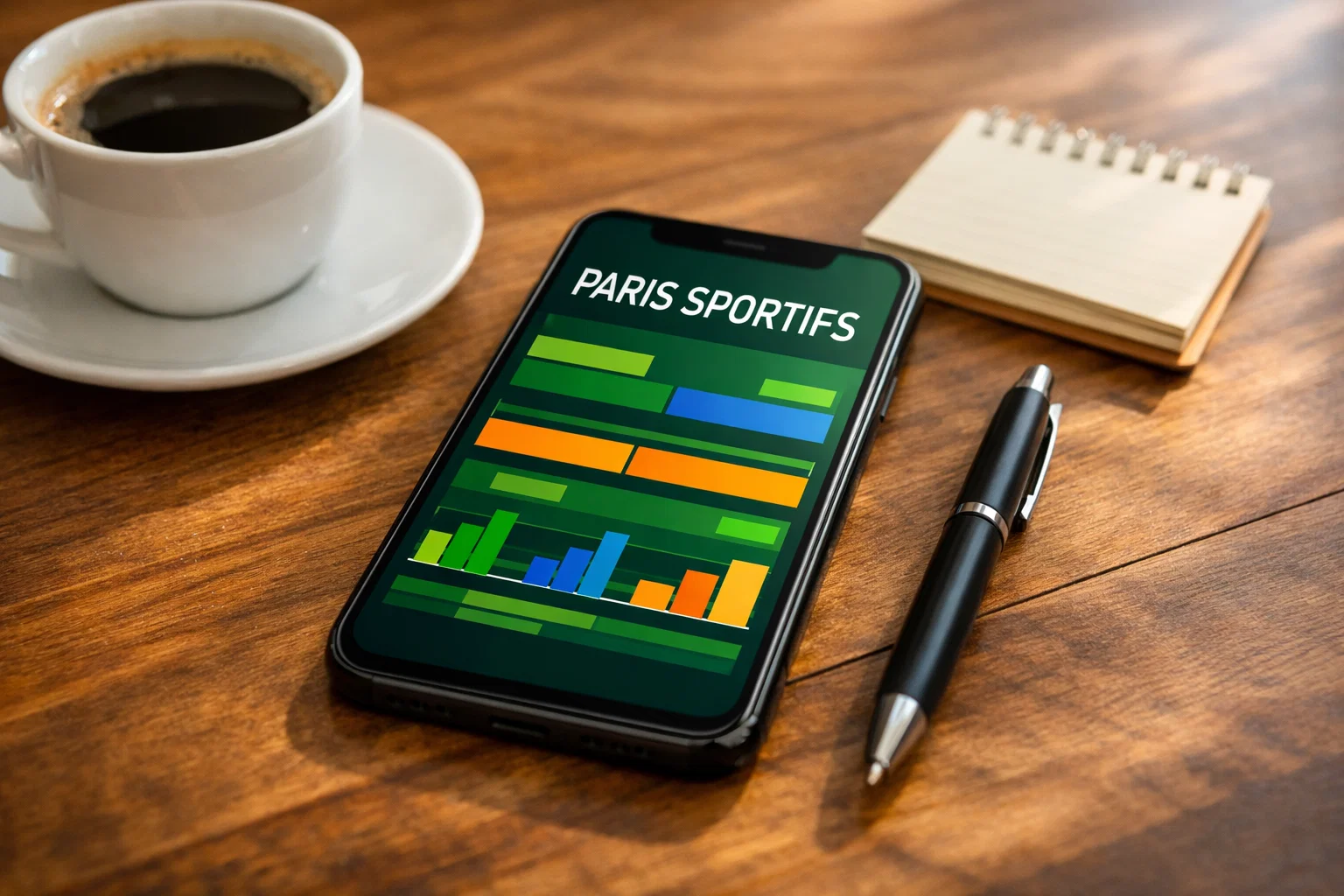 Smartphone affichant une application de paris sportifs sur un bureau