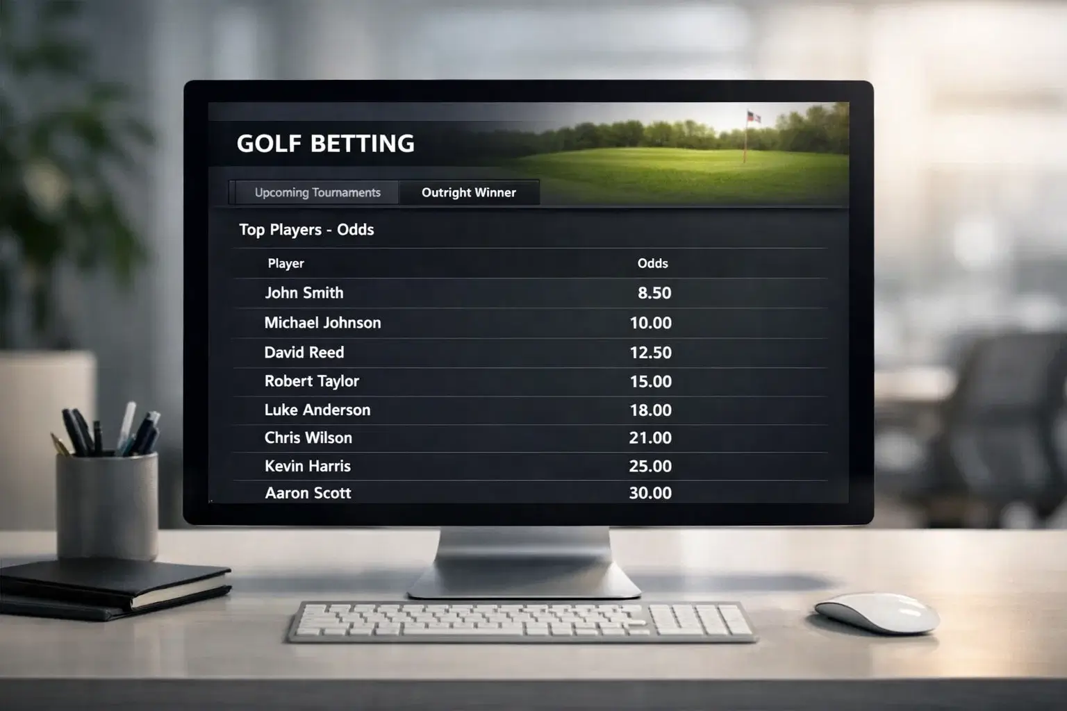 Écran affichant les différentes cotes et marchés de paris pour un tournoi de golf