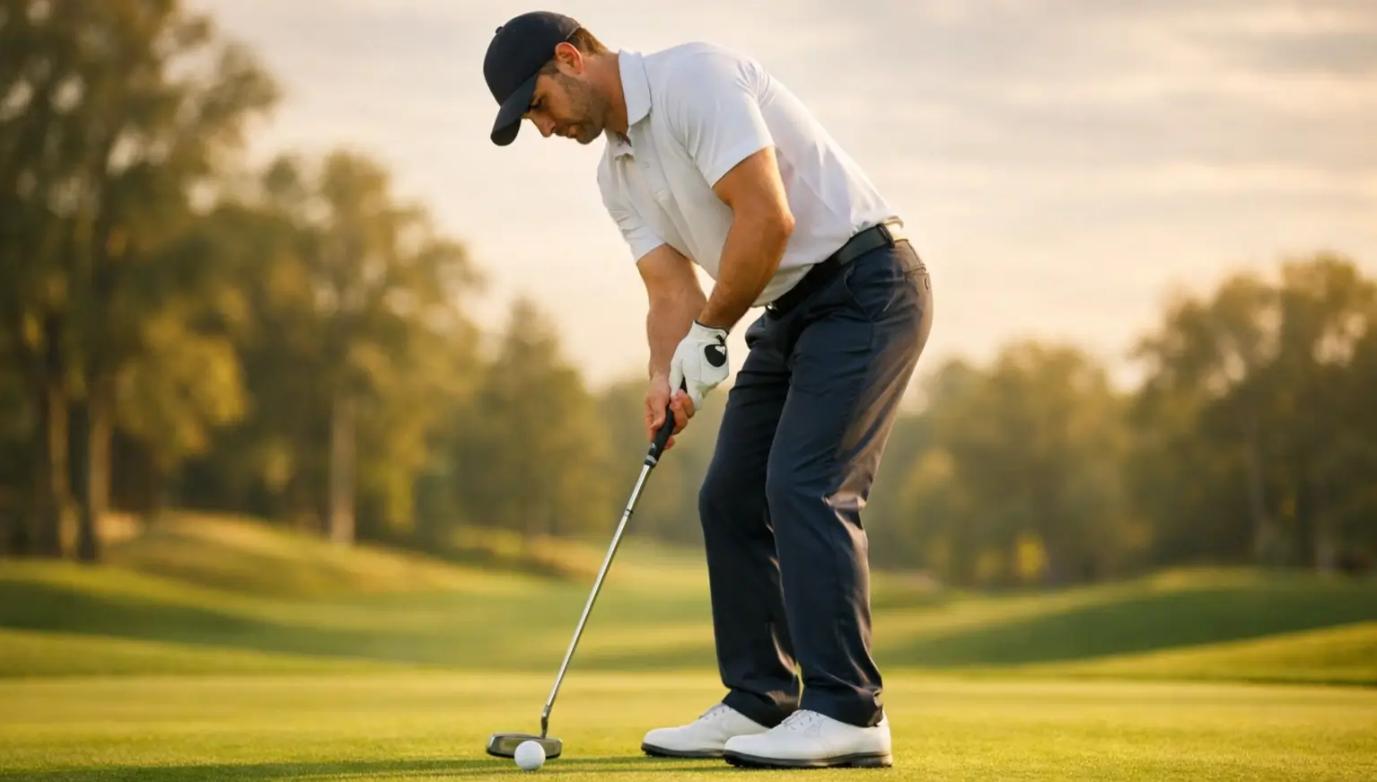 Golfeur professionnel alignant son putt sur un green parfaitement entretenu