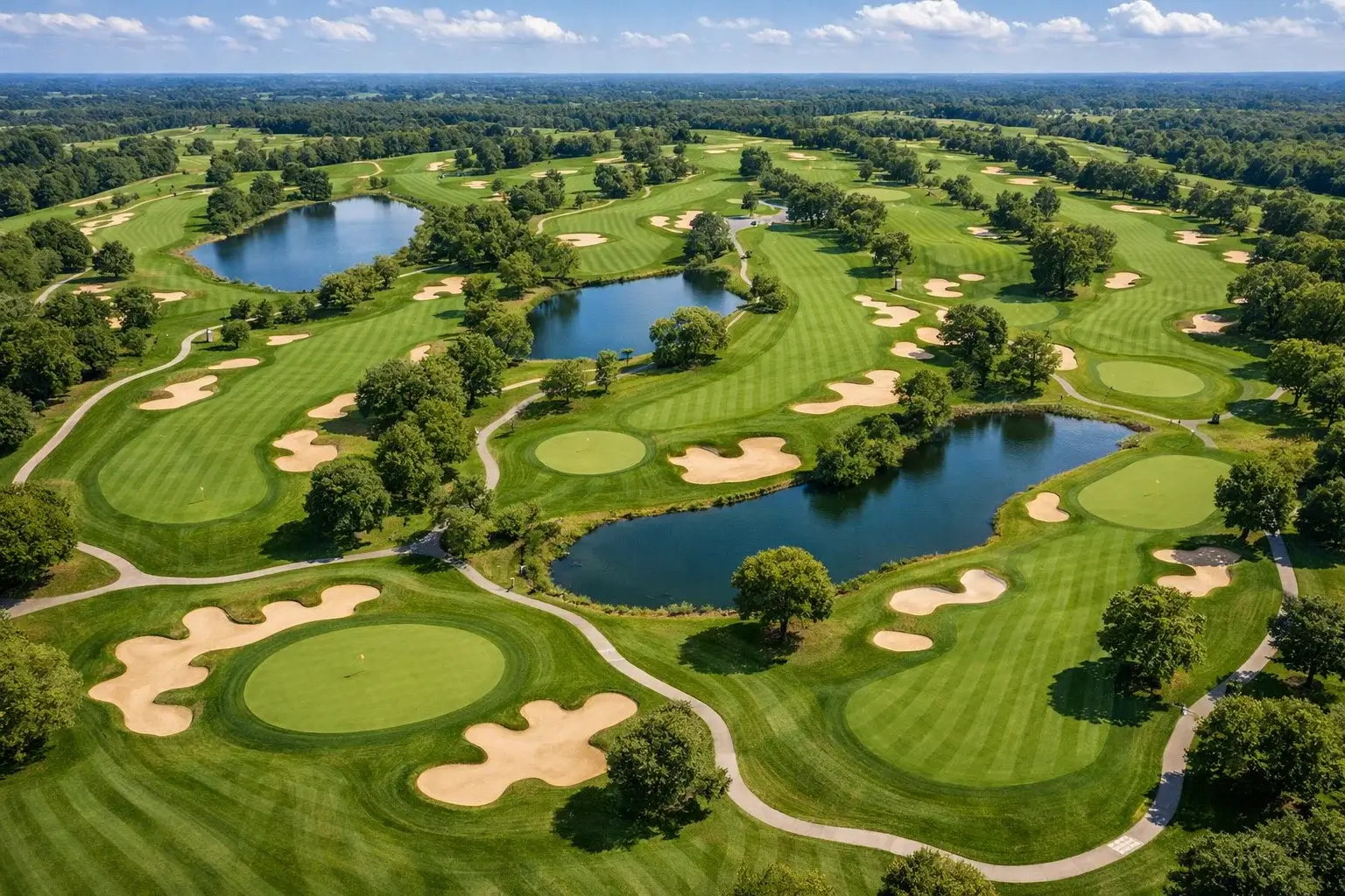 Vue aérienne d'un parcours de golf avec ses 18 trous et fairways verdoyants