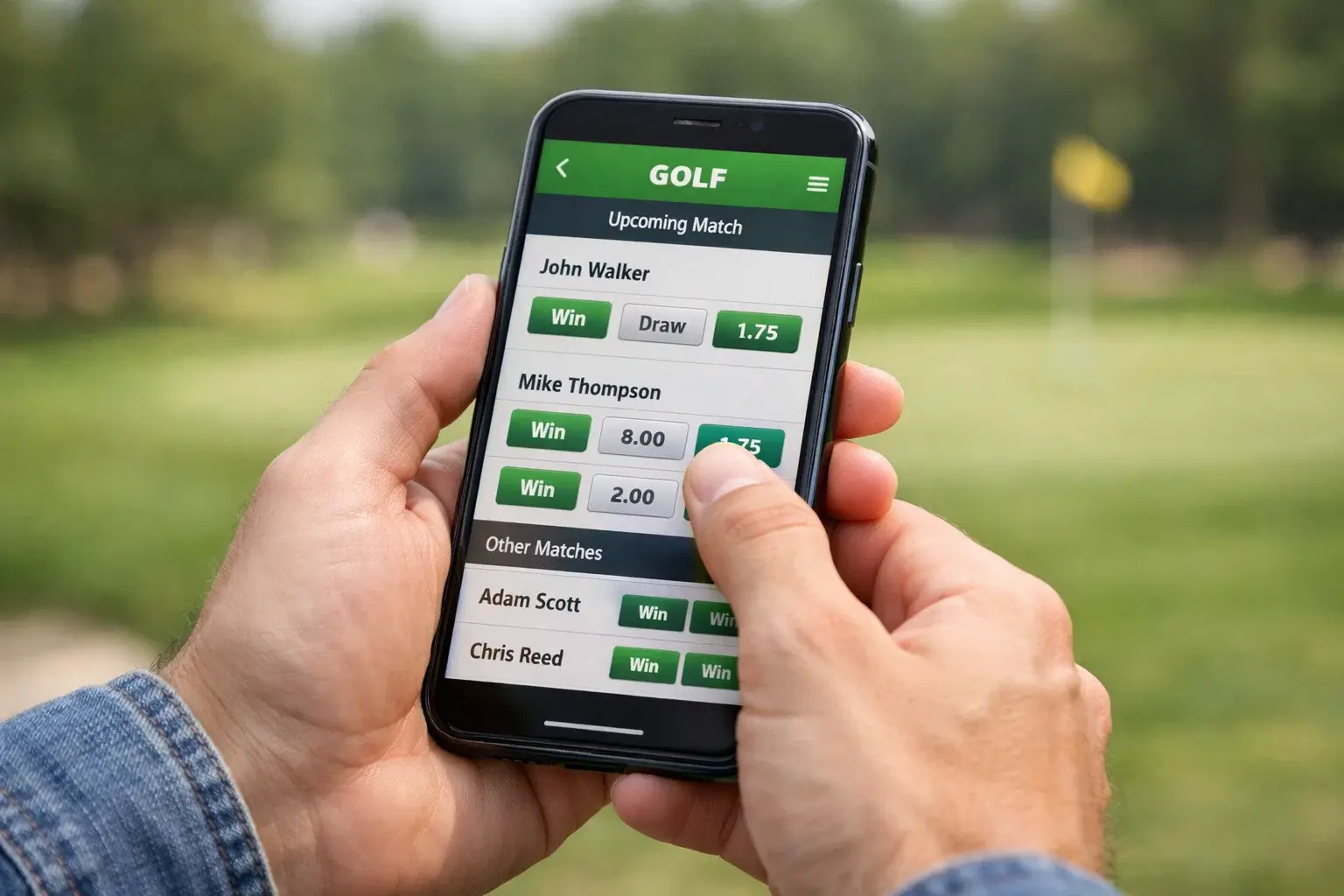 Personne consultant une application de paris sportifs sur smartphone lors d'un tournoi de golf