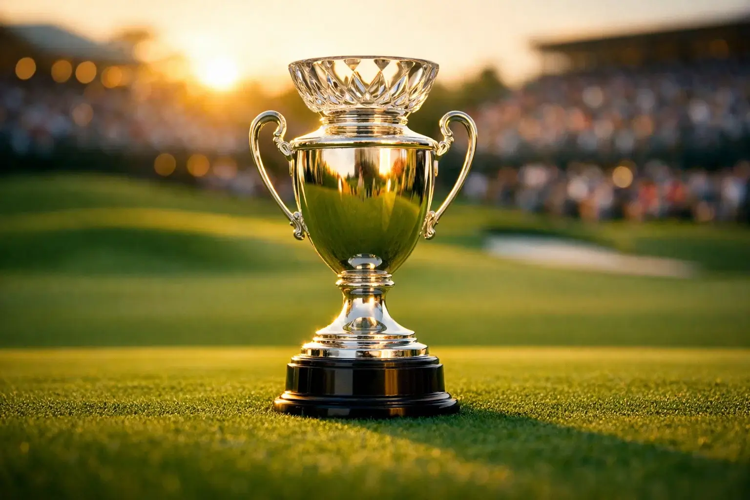 Trophée prestigieux d'un tournoi majeur de golf posé sur un green